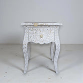 Mother Of Pearl Inlay Floral Design French Legs Bedside 1 Drawer White